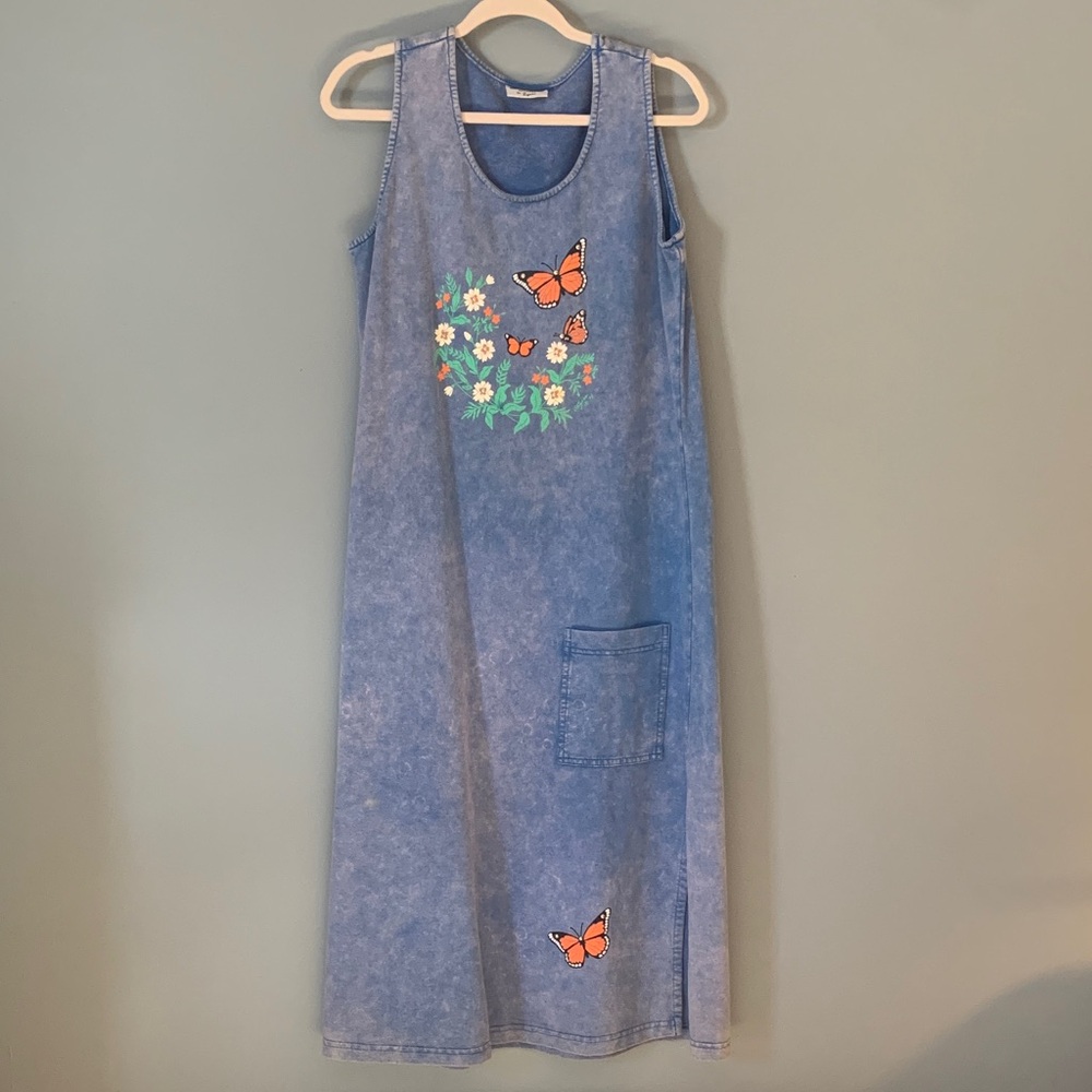 Blue Cotton Maxi Dress with Butterfly Design Size Med Like New